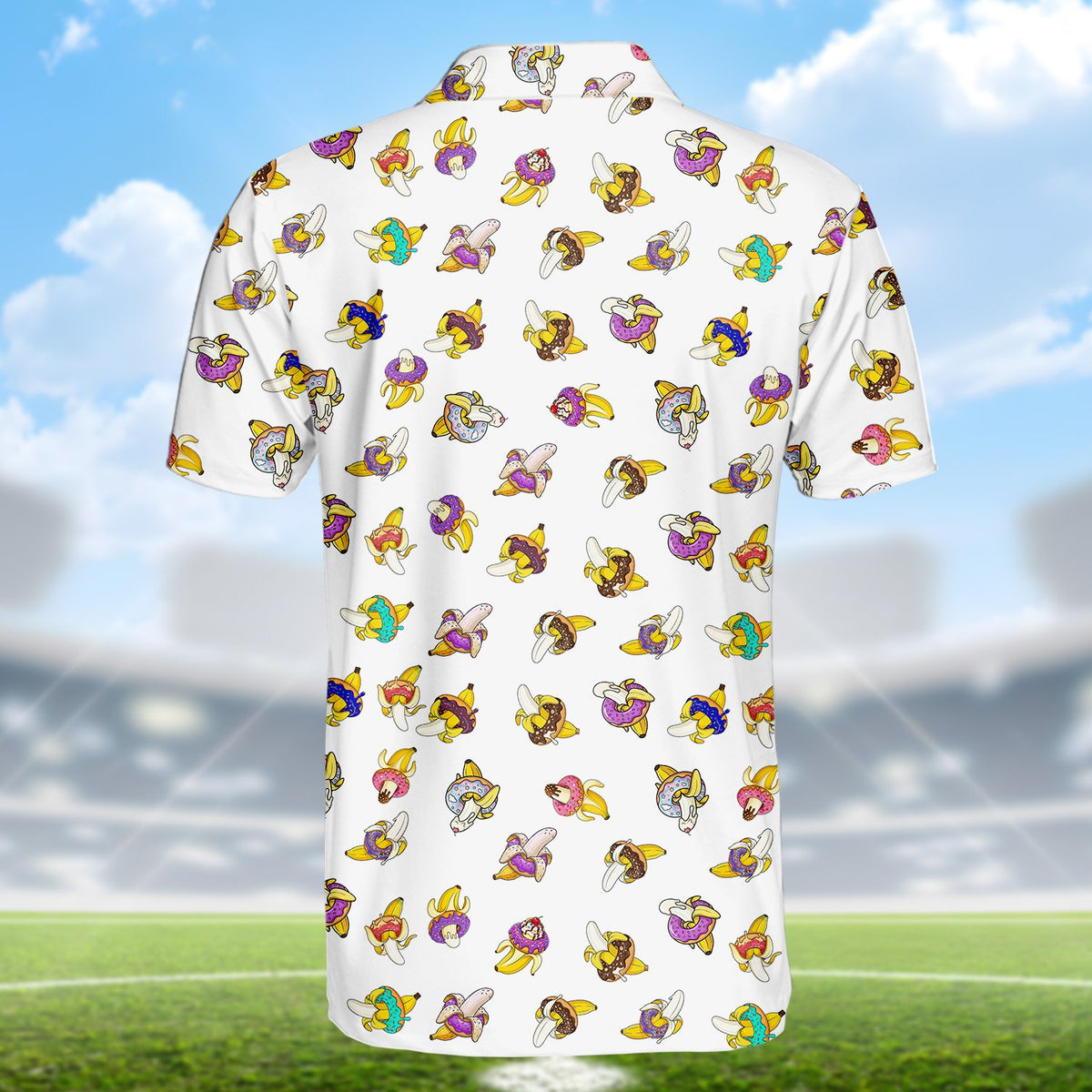 Back view of the donuts and bananas polo shirt