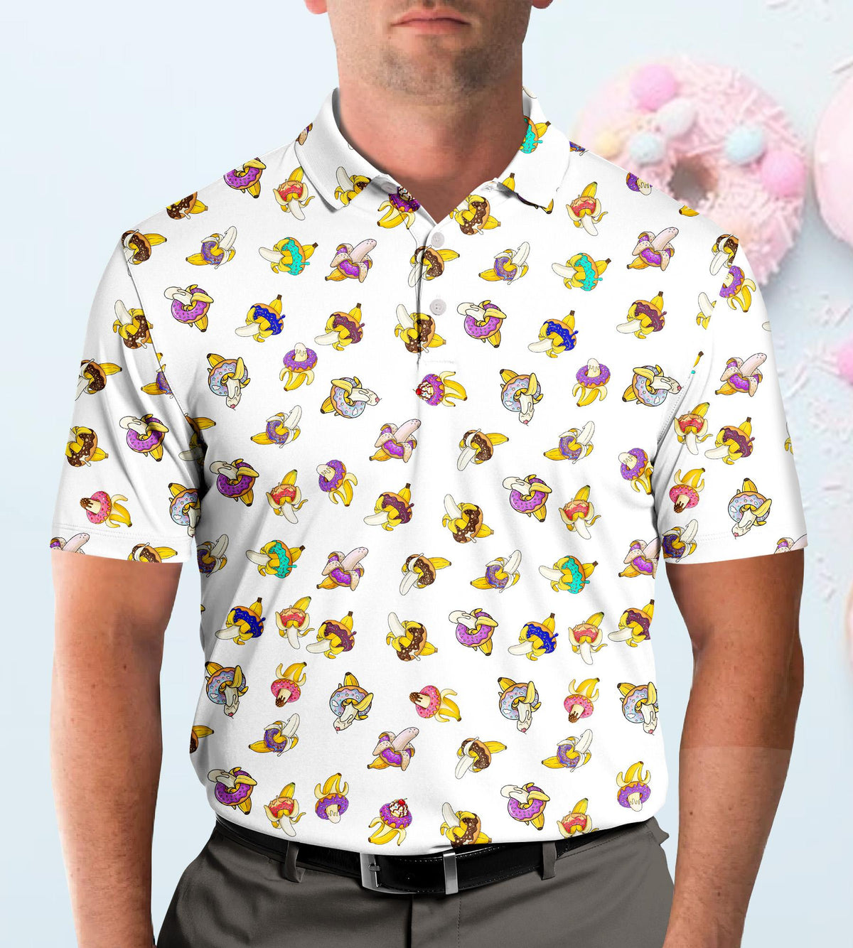 Close-up front view of the donuts and bananas polo shirt
