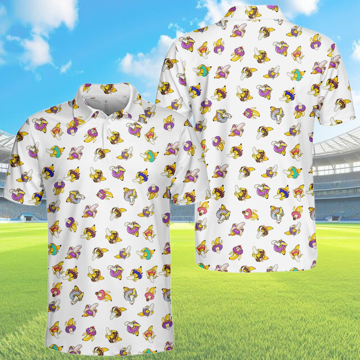 Front angle view of the adult donuts and bananas polo shirt