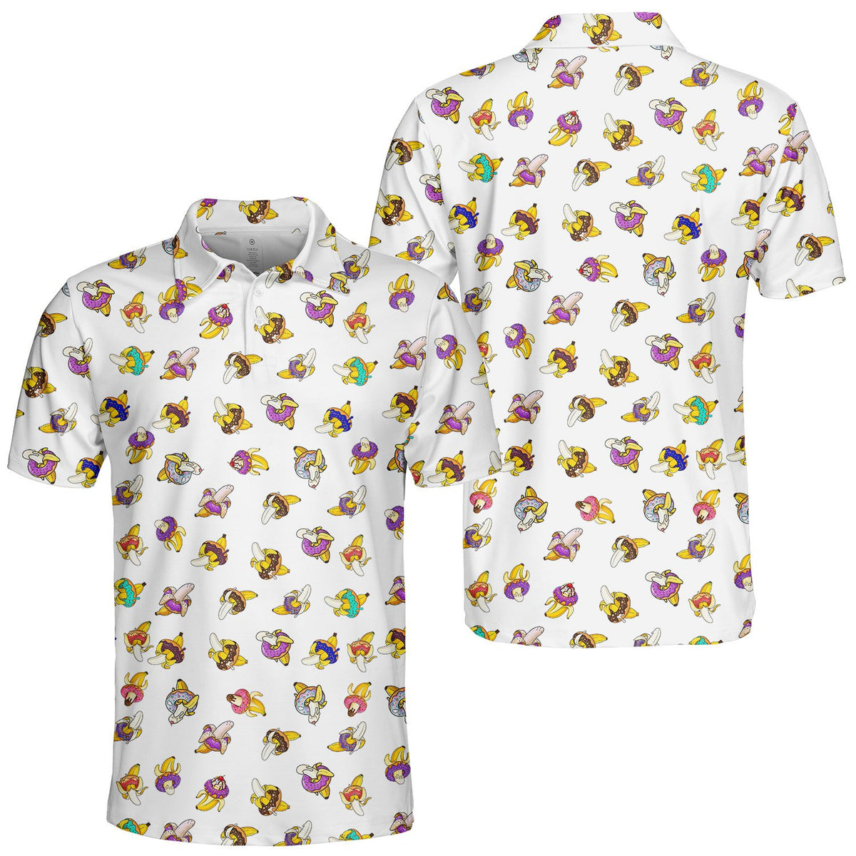 Detailed front view of the banana and donut print polo