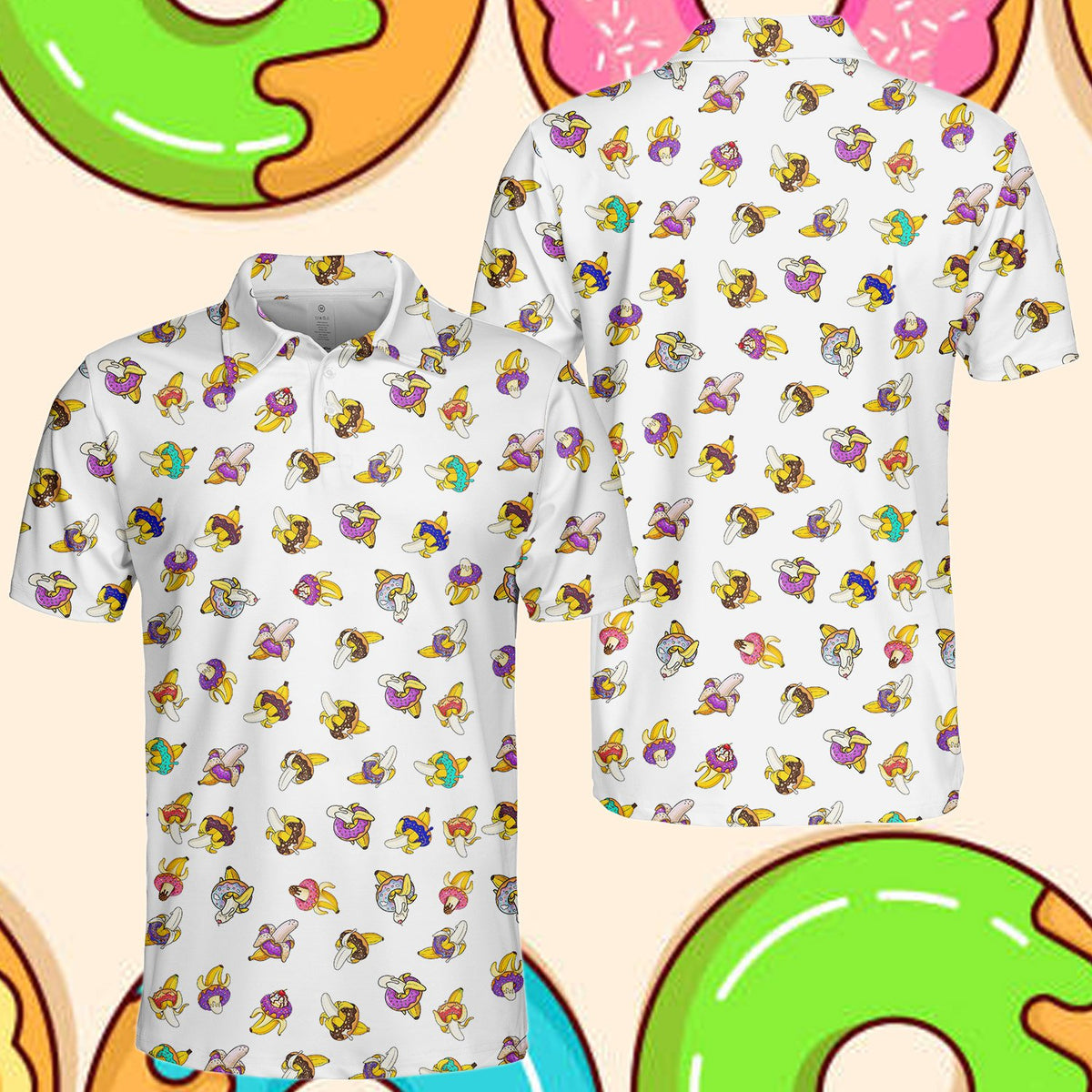 White polo shirt with donuts and bananas design front view