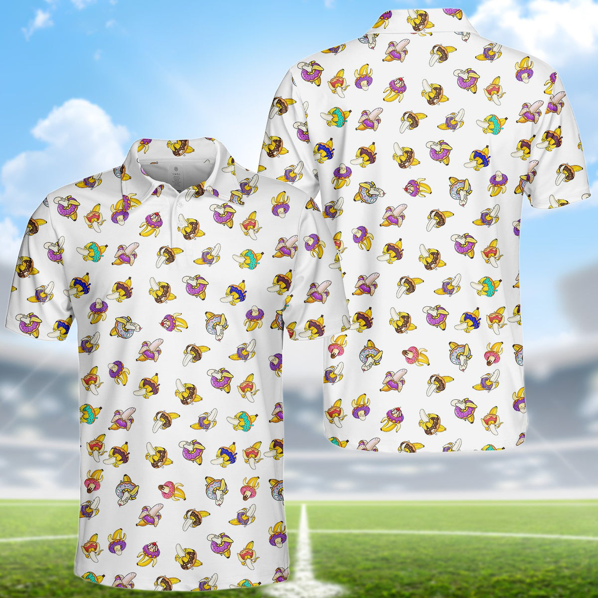 Additional front view of the printed polo shirt