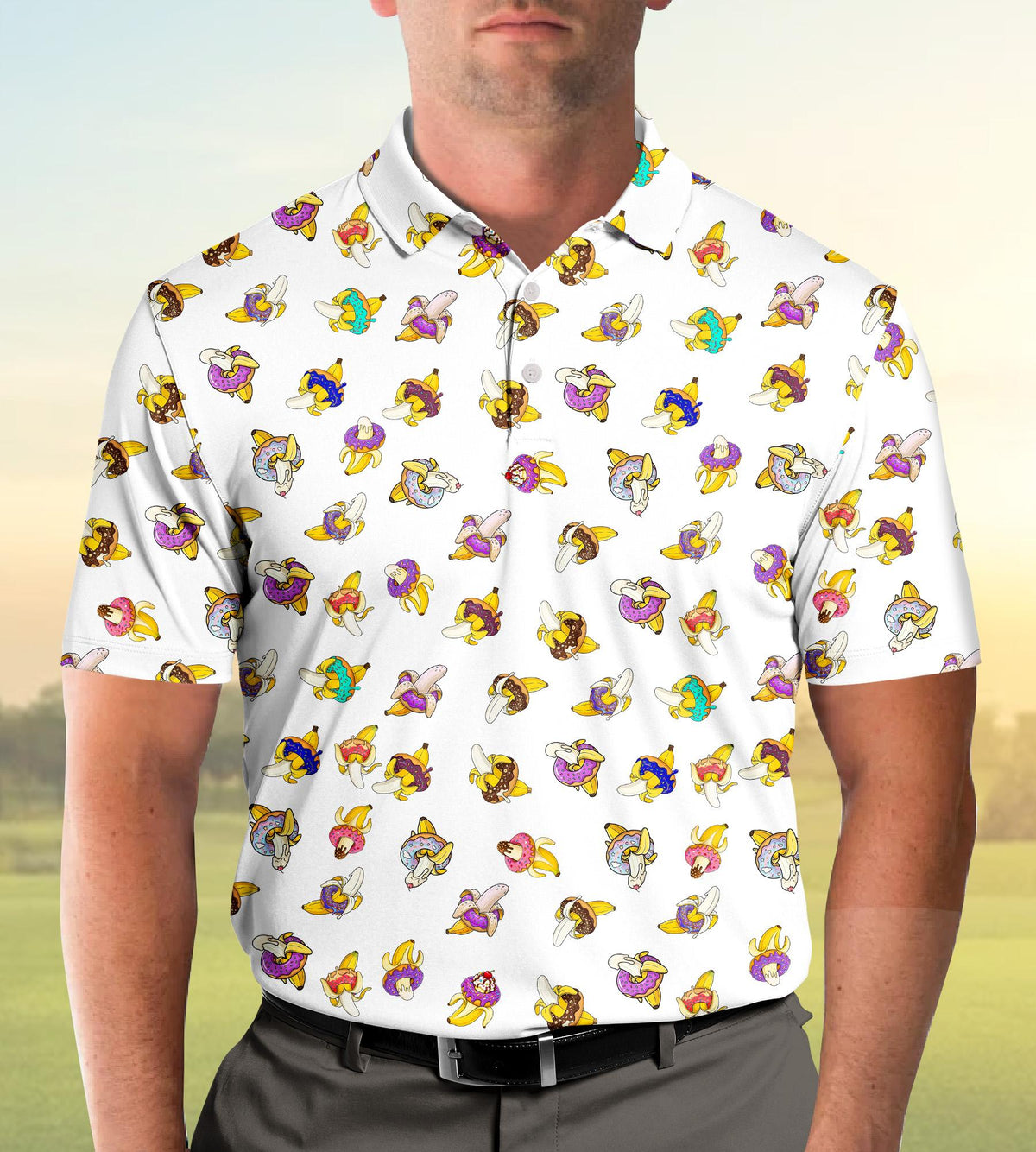 Front view of the white donuts and bananas polo shirt