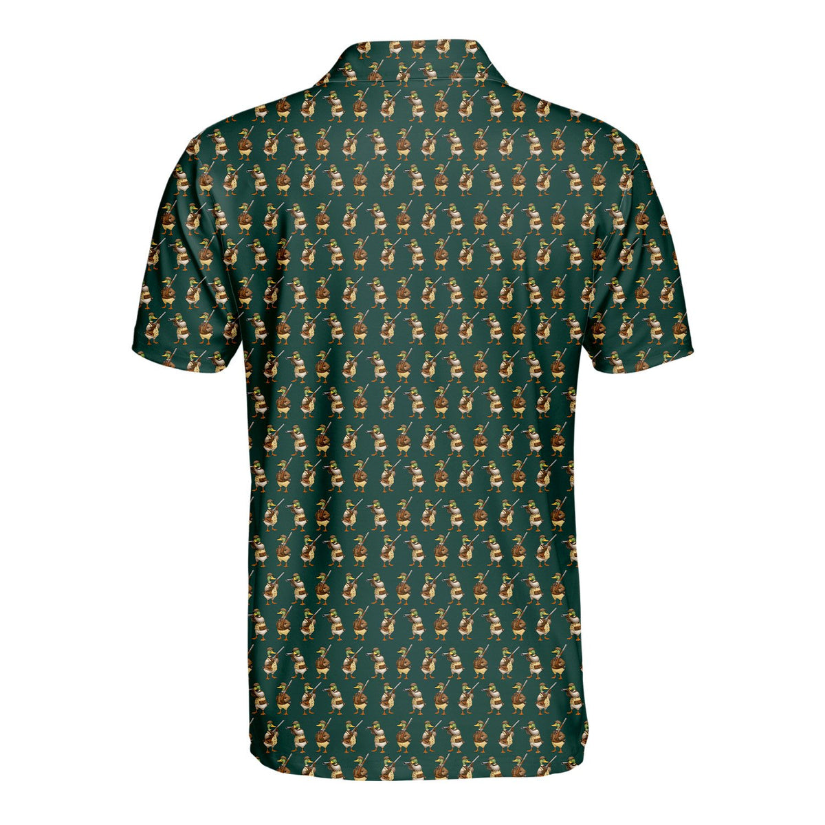 Green duck polo shirt with cartoon mallard hunting pattern, back view