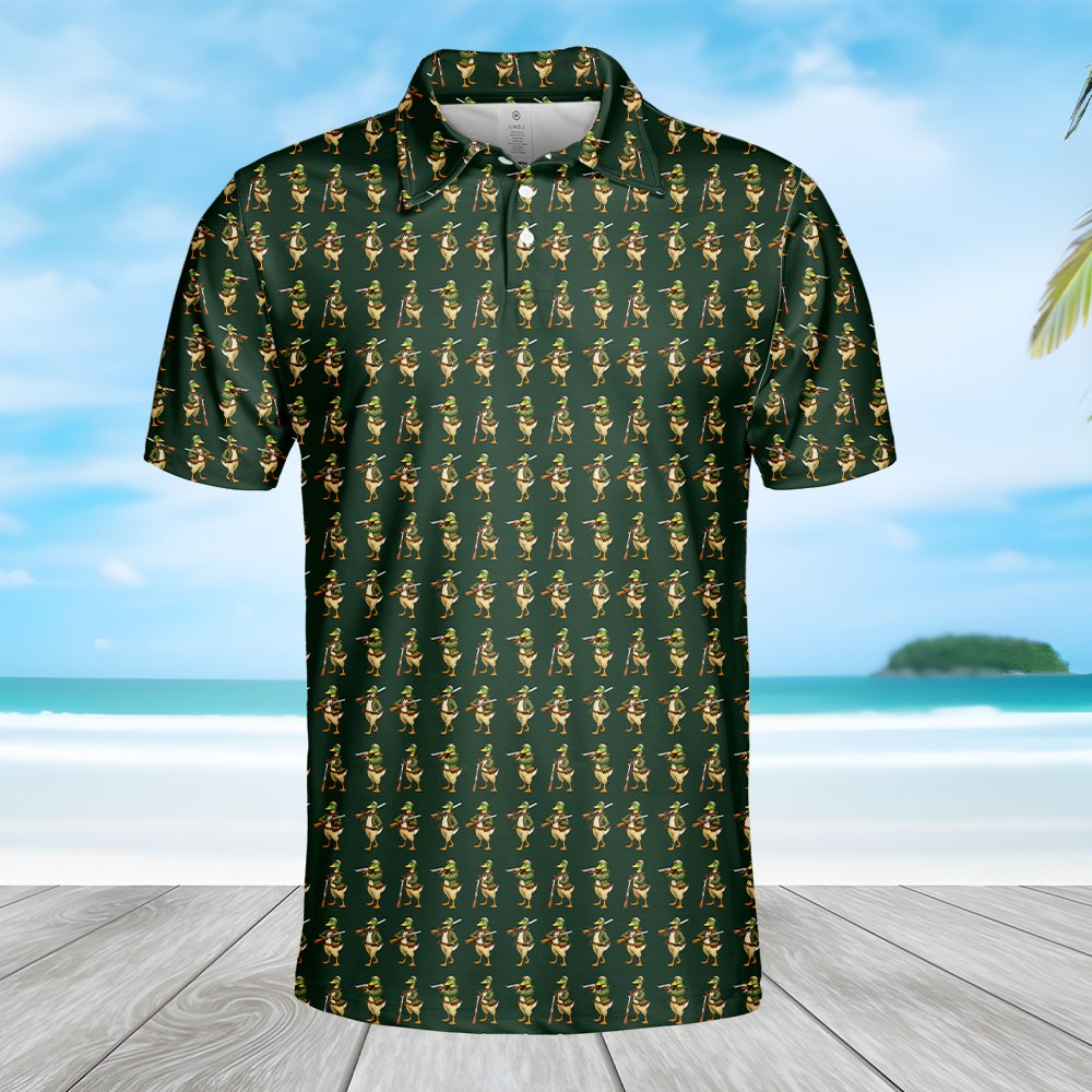 Detailed front view of the duck hunting polo shirt collar and buttons