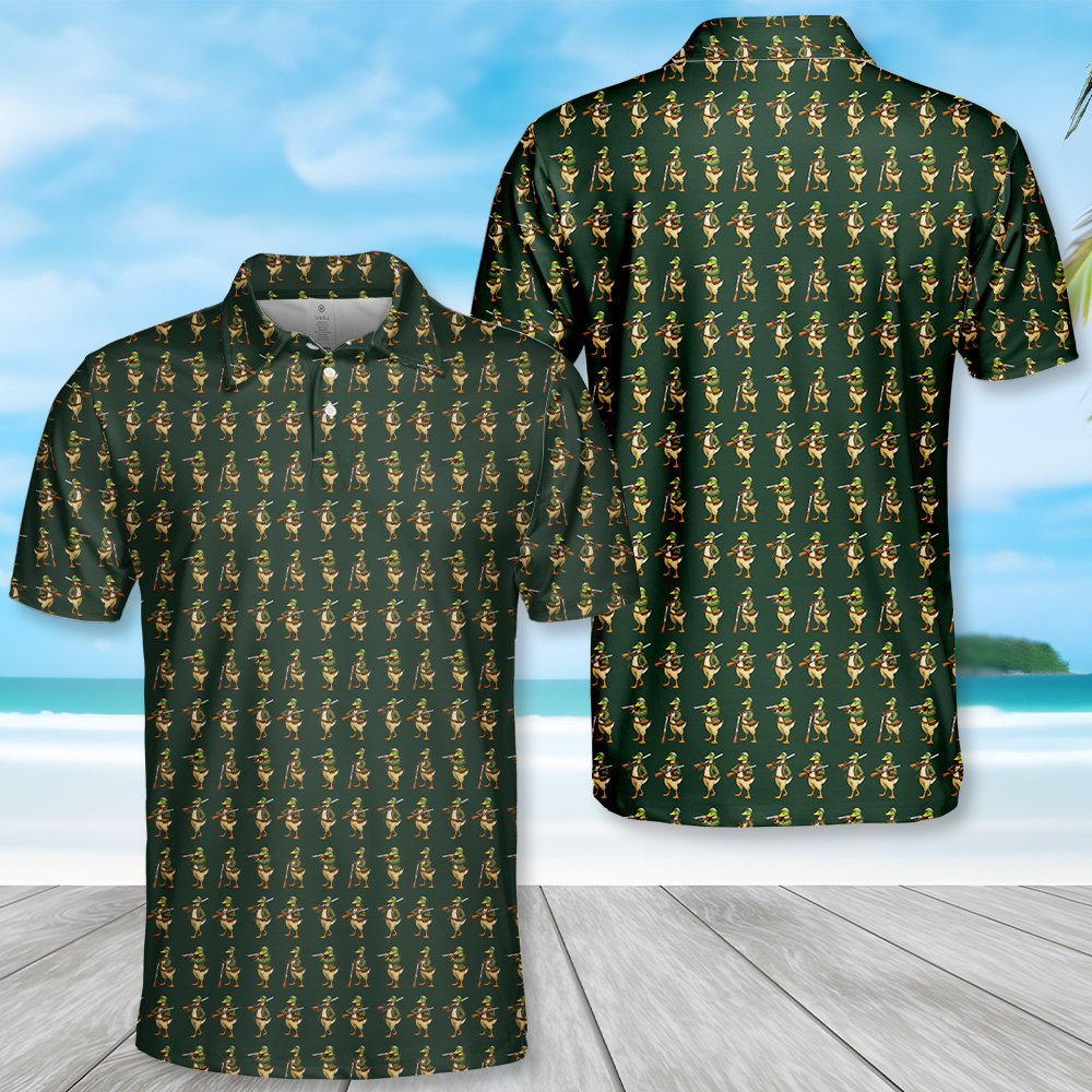 Additional front angle of the duck hunting polo shirt