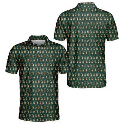 Green duck polo shirt with cartoon mallard hunting pattern, main view