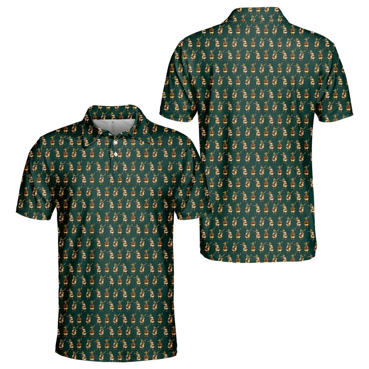 Green duck polo shirt with cartoon mallard hunting pattern, front view
