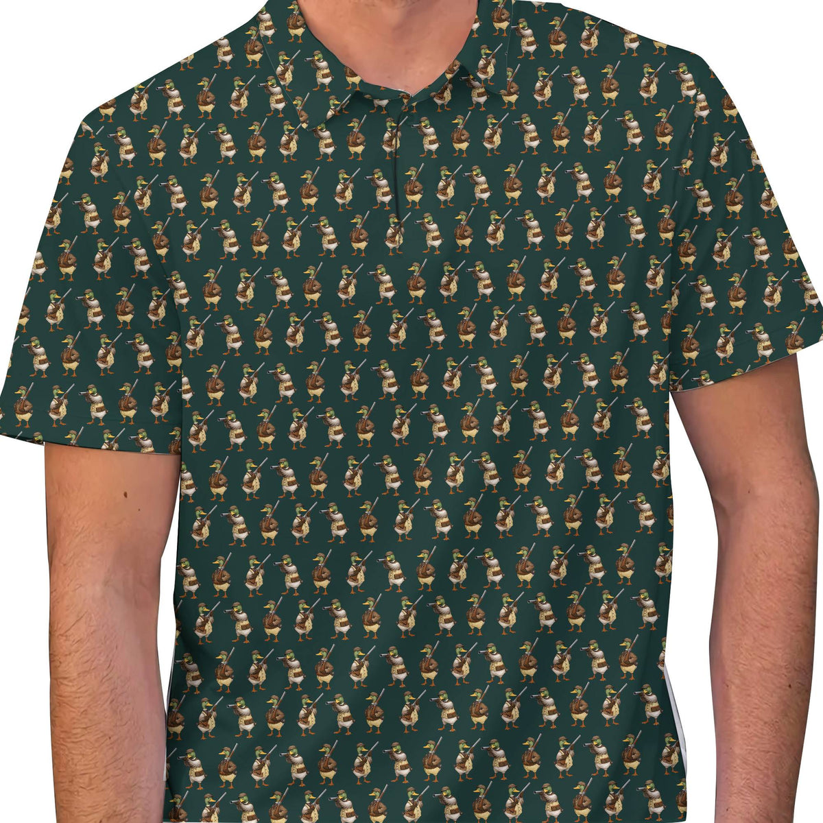 Second lifestyle view of the green duck hunting polo shirt