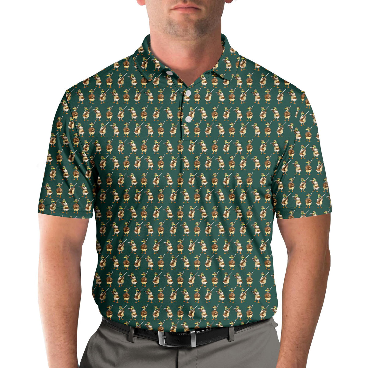 Lifestyle view of the green duck polo shirt with cartoon mallards