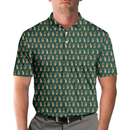 Lifestyle view of the green duck polo shirt with cartoon mallards