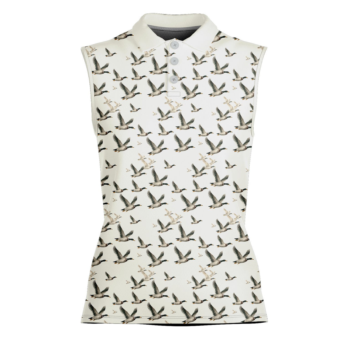 White flying ducks pattern polo shirt, alternative front view 2