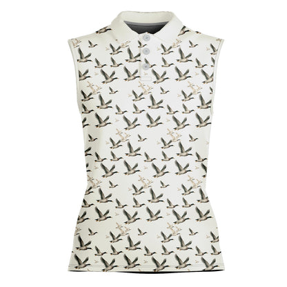 White flying ducks pattern polo shirt, alternative front view 2