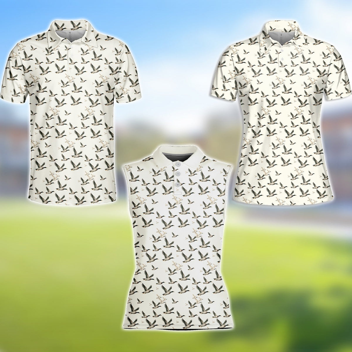 White flying ducks pattern polo shirt, alternative front view 3
