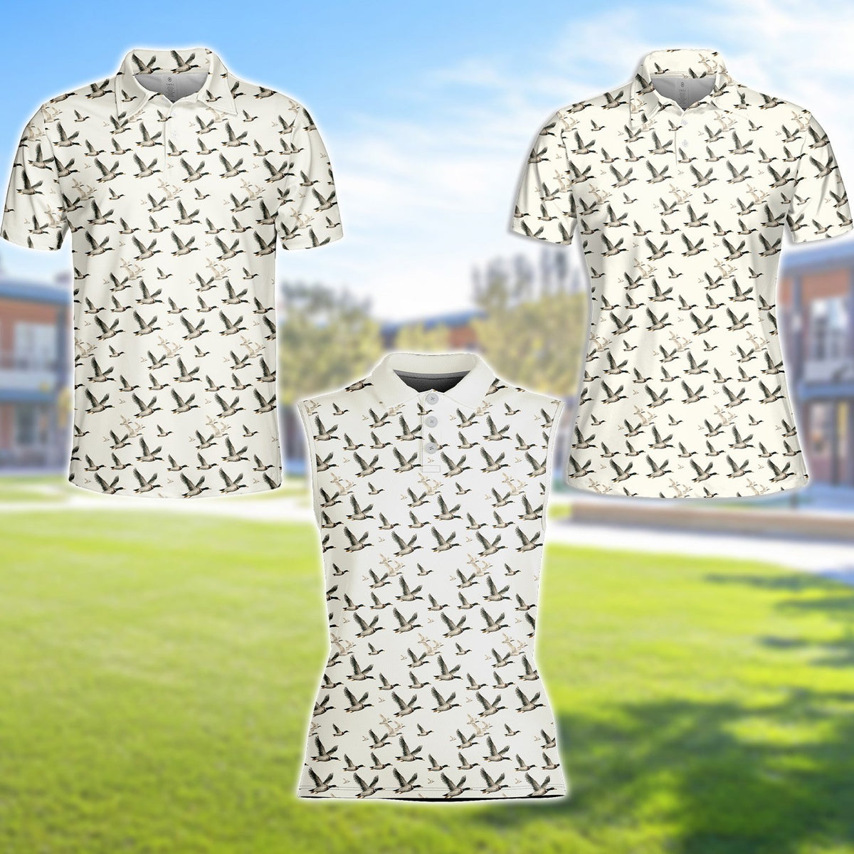 White flying ducks pattern polo shirt, alternative front view 4