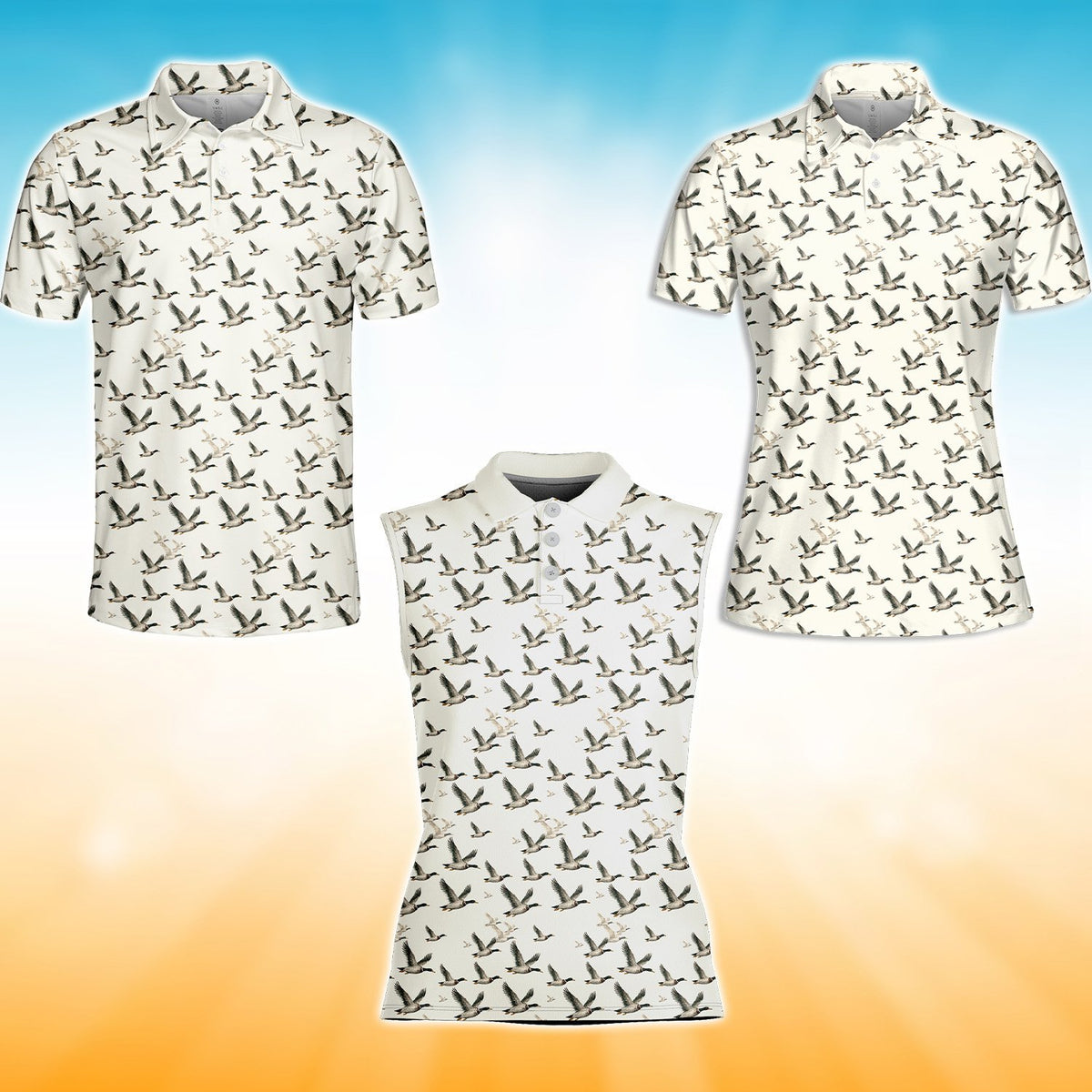 White flying ducks pattern polo shirt, alternative front view 5