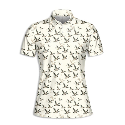 White flying ducks pattern polo shirt, alternative front view 1