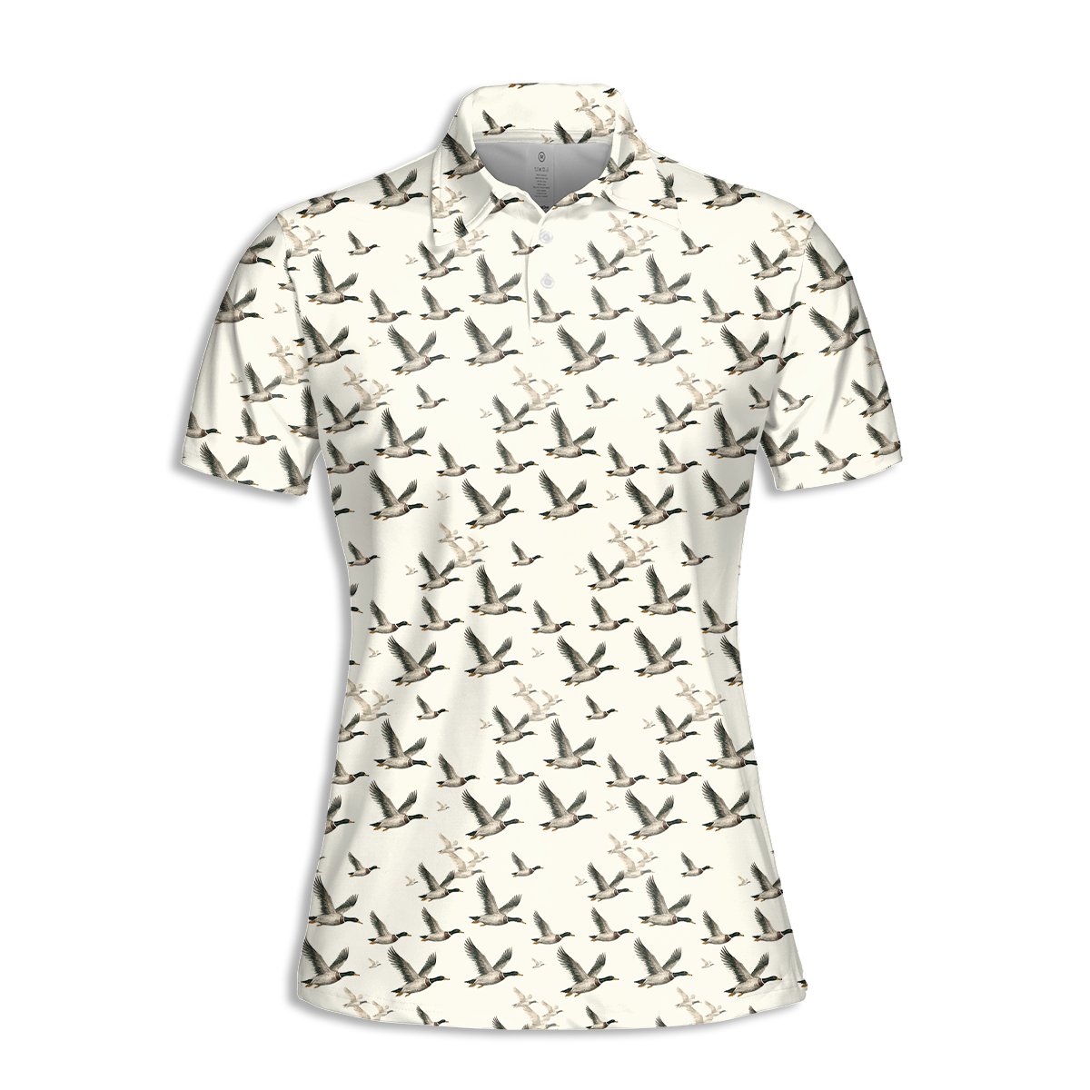 White flying ducks pattern polo shirt, main front view