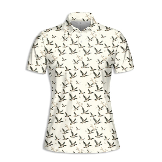 White flying ducks pattern polo shirt, main front view