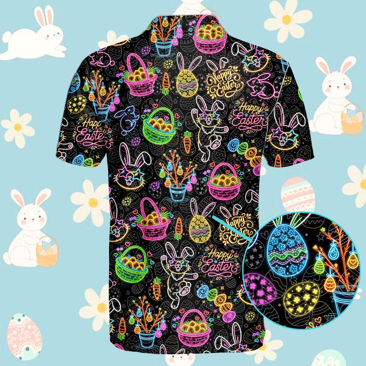 Close-up back view of the vibrant holiday polo shirt pattern