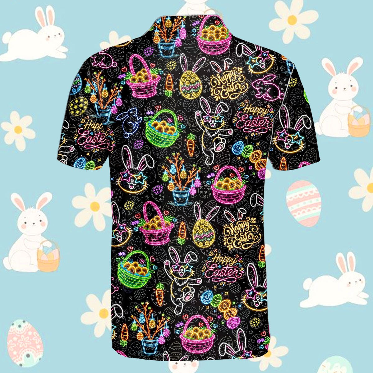 Detailed back view of the black easter polo shirt with colorful neon eggs