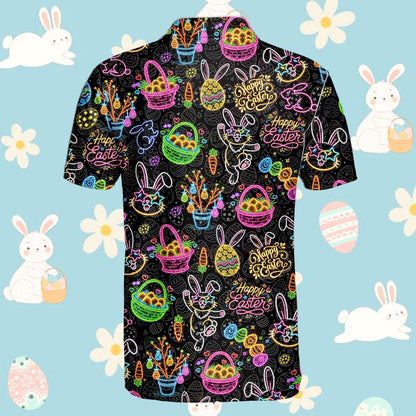 Detailed back view of the black easter polo shirt with colorful neon eggs