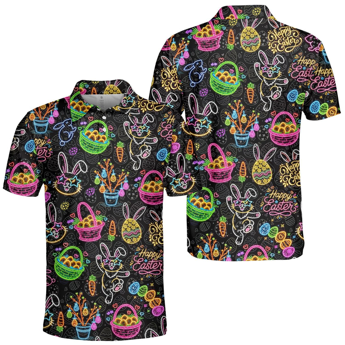 Close-up front view of the black easter polo shirt with neon bunny and carrot designs