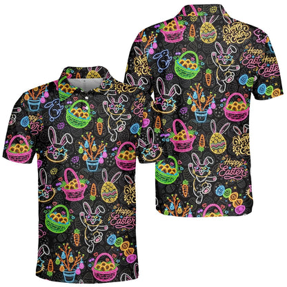 Close-up front view of the black easter polo shirt with neon bunny and carrot designs
