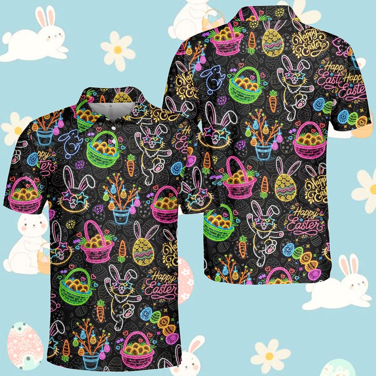 Detailed front view showing the collar of the bunny polo shirt