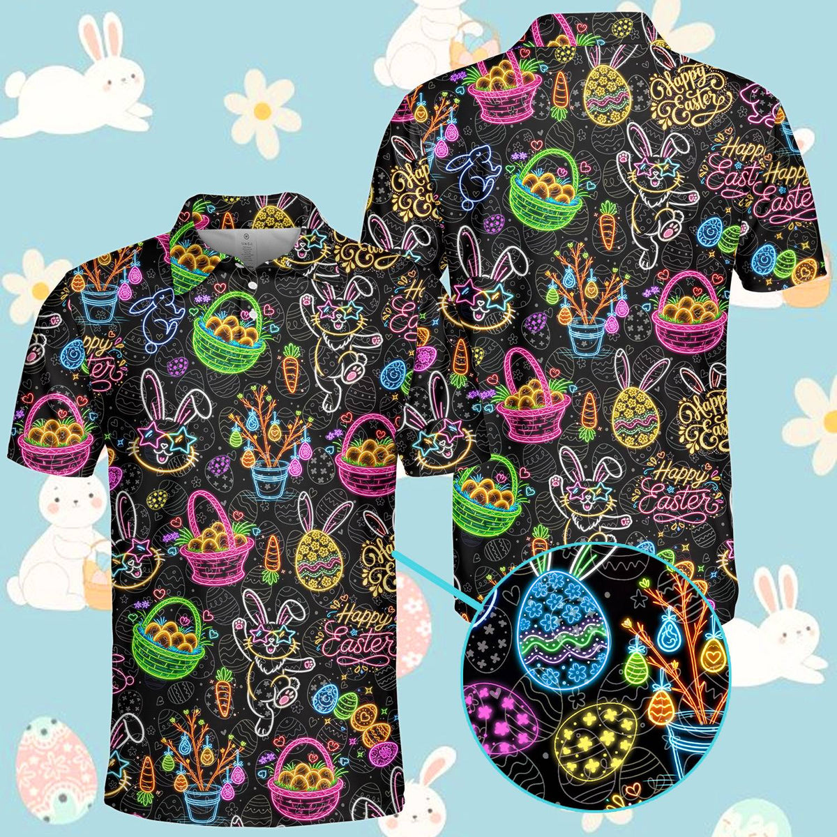 Main front view of the adult easter bunny neon glow polo shirt featuring vibrant neon colors on a black background
