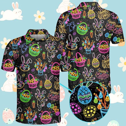 Front view of the easter bunny neon glow polo shirt displaying bright neon pink and green bunnies