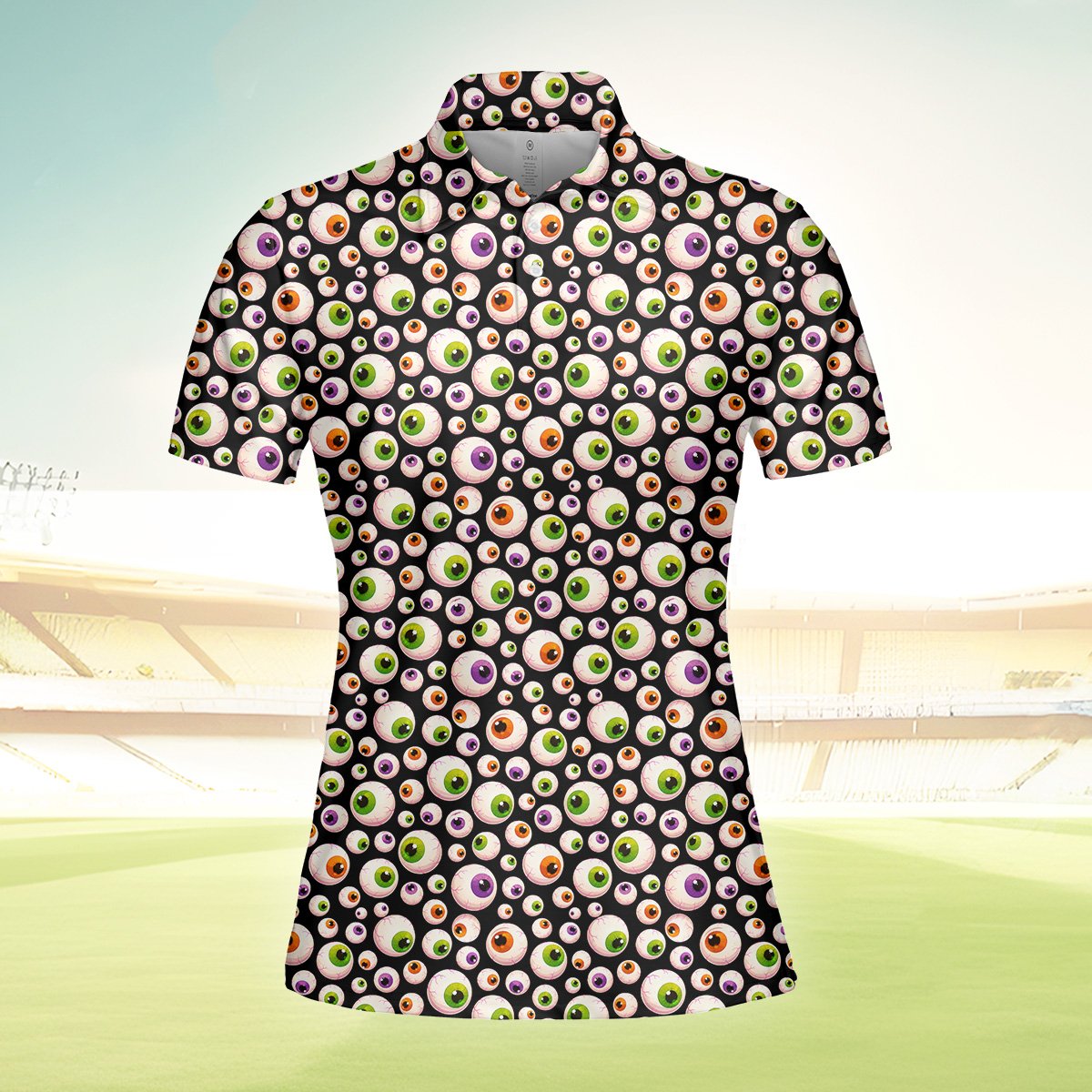 Another front view of the halloween polo shirt with eyeball pattern