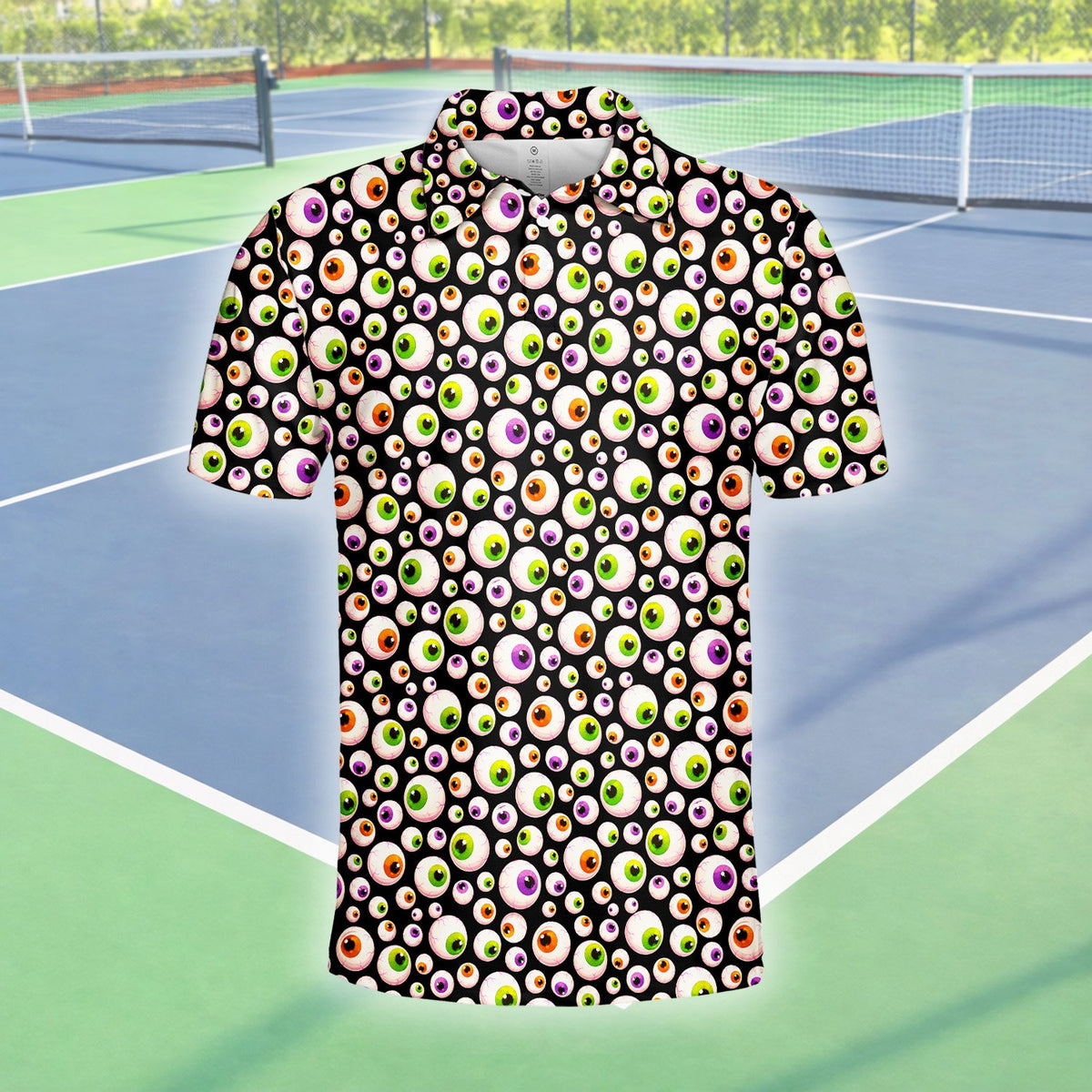 Additional front angle view of the black eyeballs polo shirt
