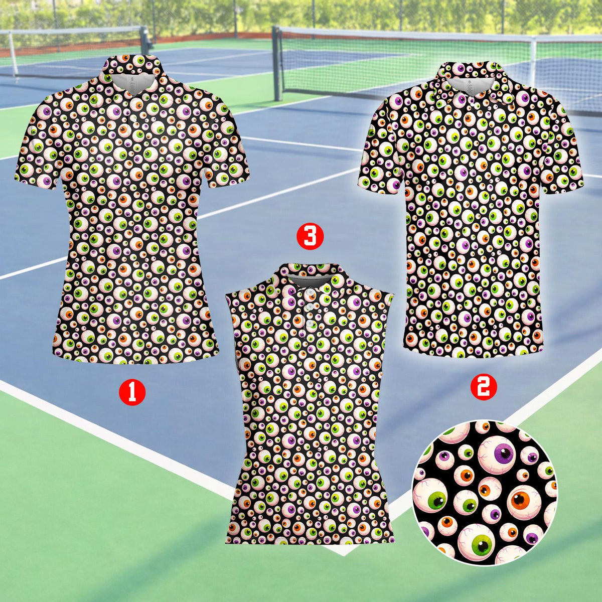 Front view of the black eyeballs polo shirt