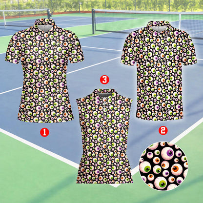 Halloween polo shirt featuring an all-over print of colorful cartoon eyeballs on a black background, main view