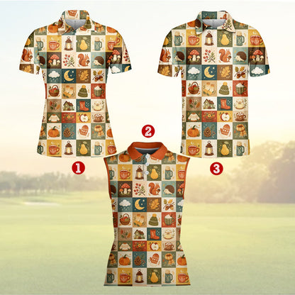 Close-up of the autumn harvest pattern on the godspeed shirt alternative polo