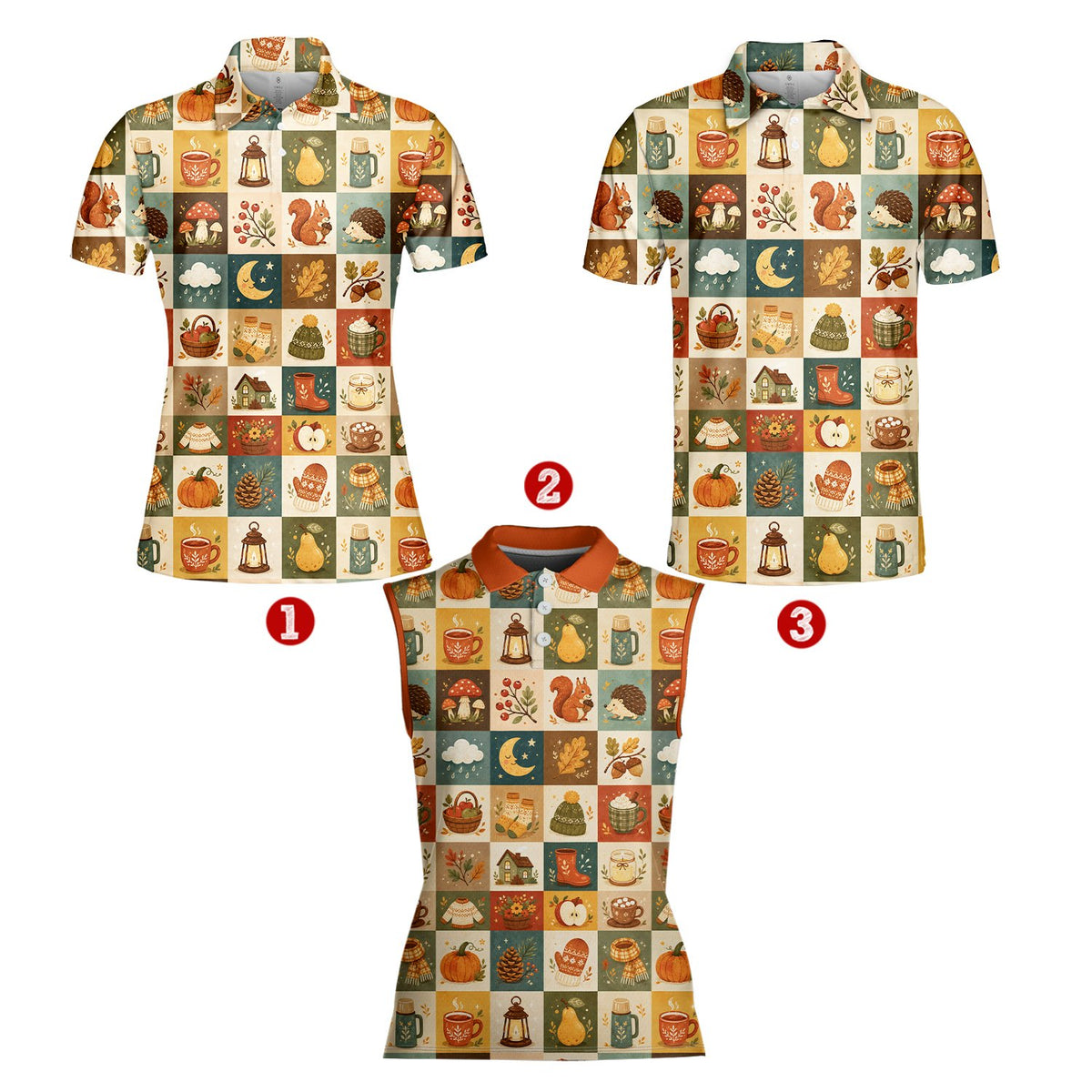 Front view of the thanksgiving polo shirt featuring warm autumn tones