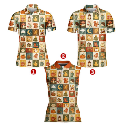 Front view of the thanksgiving polo shirt featuring warm autumn tones