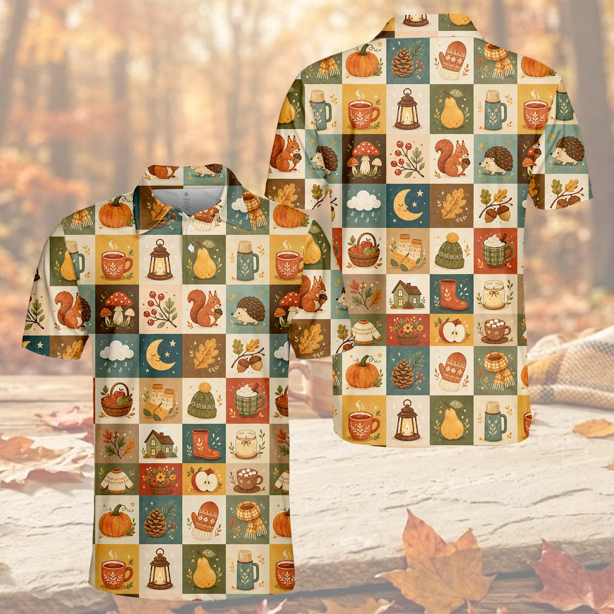 Detailed front view showing mushrooms, squirrels, and cozy elements on the polo