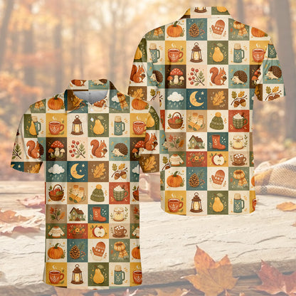 Detailed front view showing mushrooms, squirrels, and cozy elements on the polo