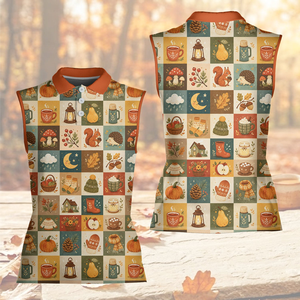 Full front view of the multicolor fall-themed polo shirt