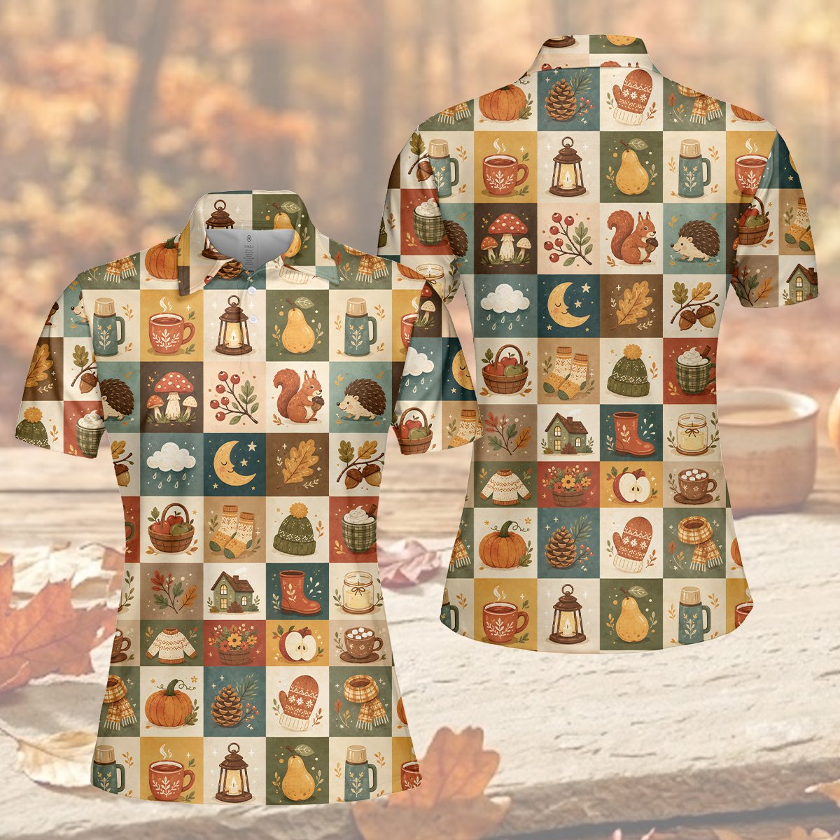 Final front look of the cozy fall harvest polo shirt