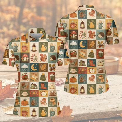 Final front look of the cozy fall harvest polo shirt