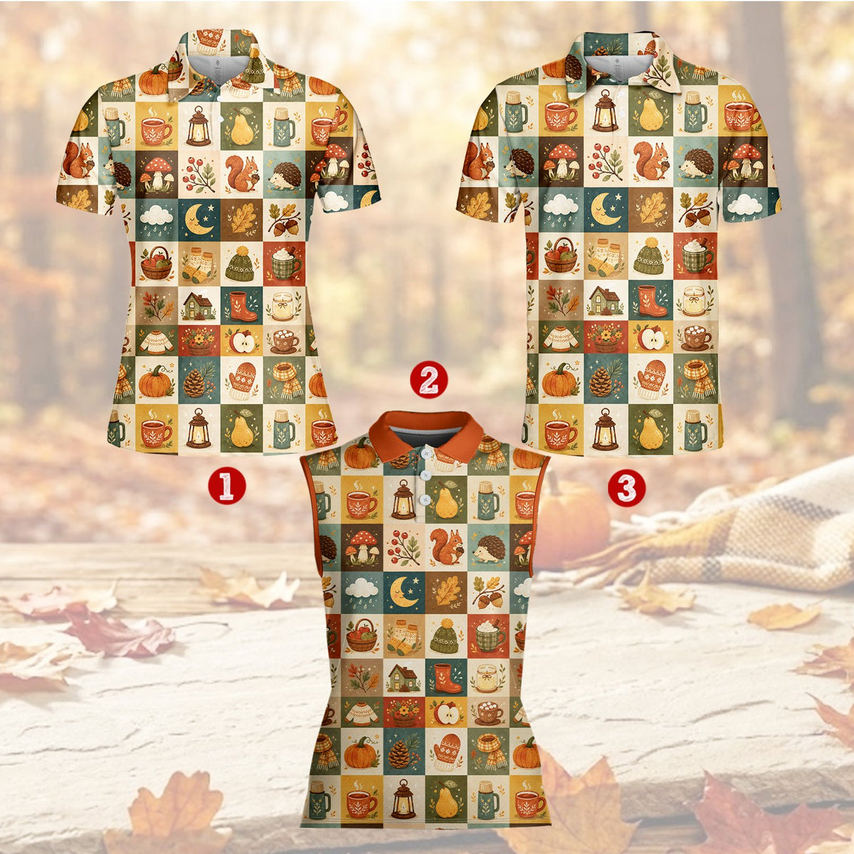 Adult wearing the fall checkerboard polo shirt with pumpkin and leaf details, front angle