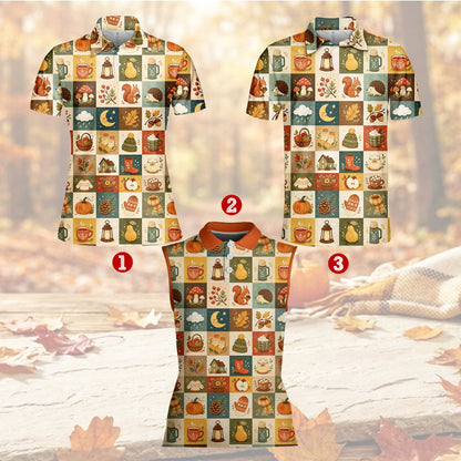 Adult wearing the fall checkerboard polo shirt with pumpkin and leaf details, front angle