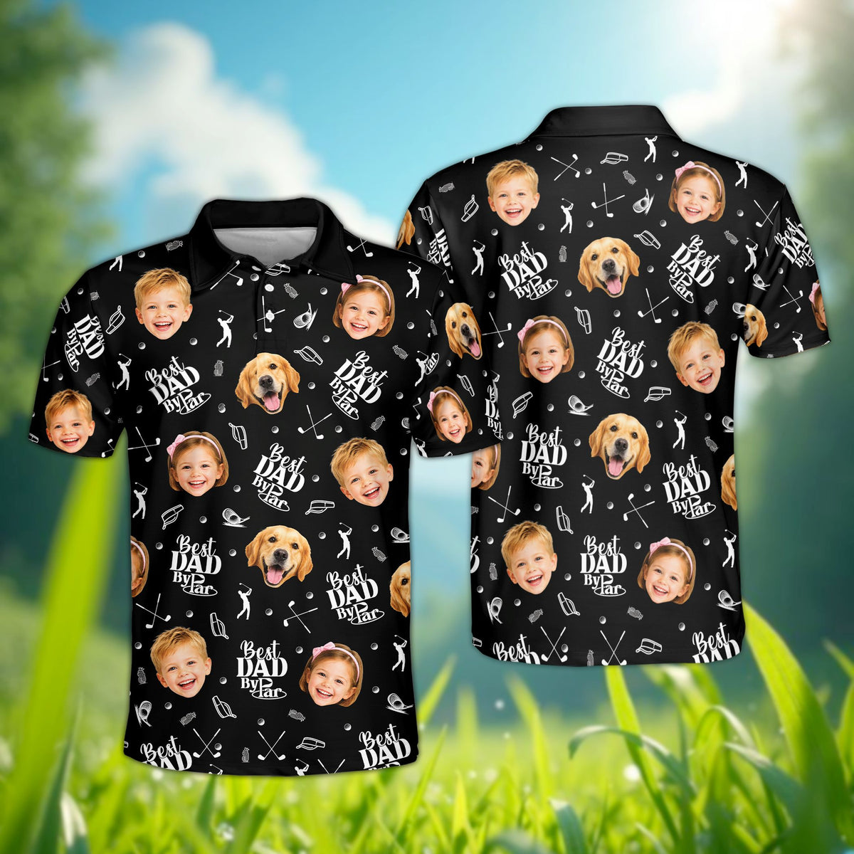 Front view of the personalized black father polo shirt with dog and golf design