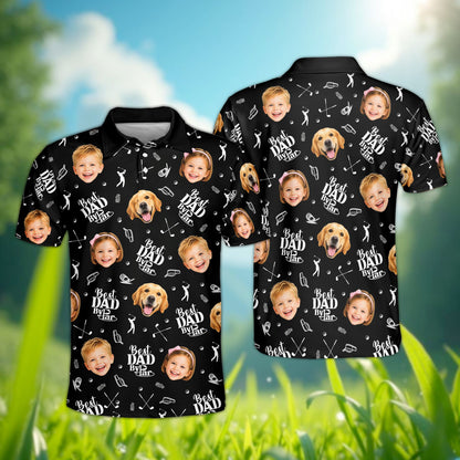 Front view of the personalized black father polo shirt with dog and golf design