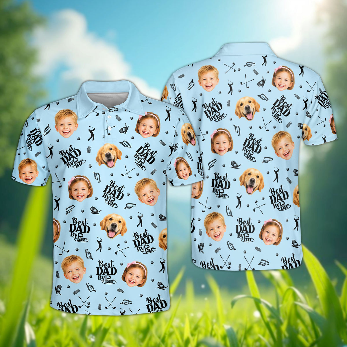 Front view of the personalized light blue father polo shirt with dog and golf design