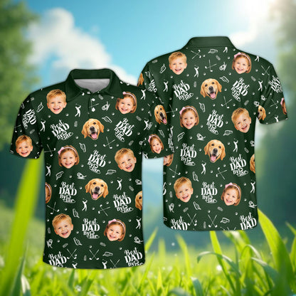 Front view of the personalized green father polo shirt with dog and golf design