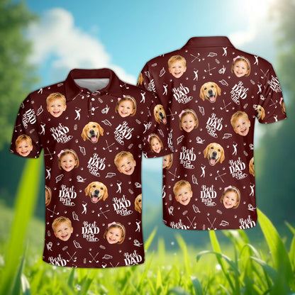 Front view of the personalized maroon father polo shirt with dog and golf design